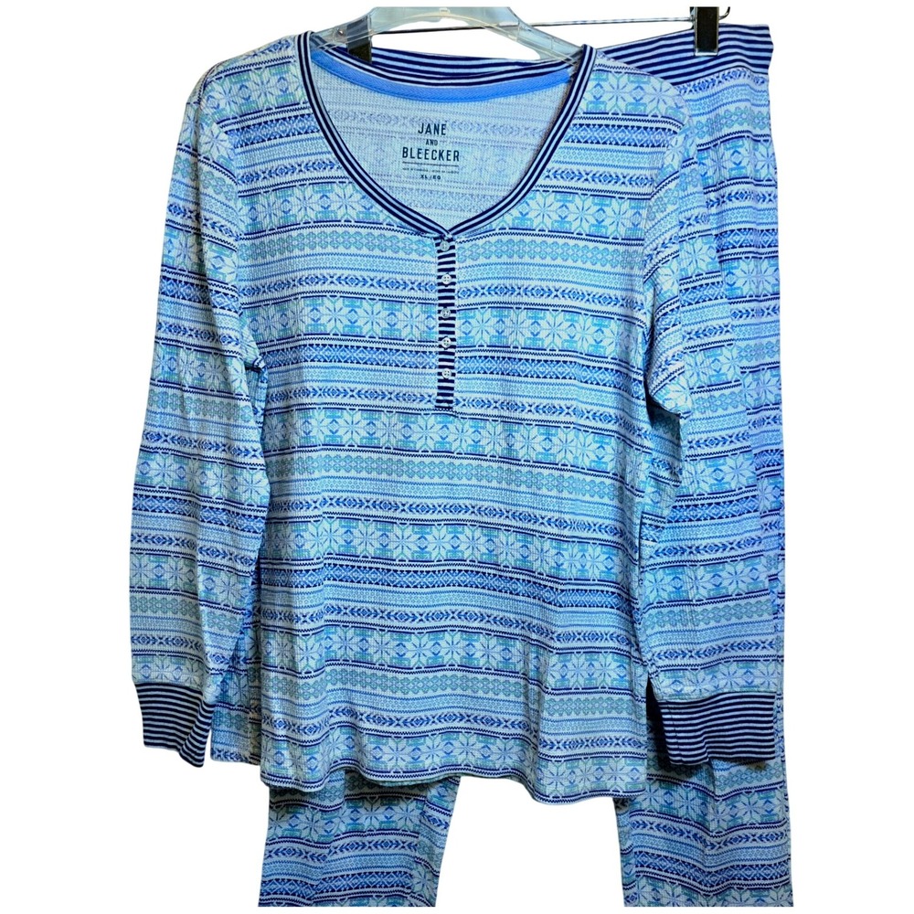 Jane and Bleecker Pajama Set Waffle Thermal Nordic Sz XL Blue Top‎ Jogger Bottom